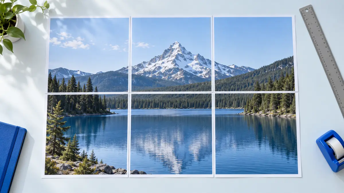 Six printed sheets forming one continuous mountain-lake poster beside a ruler and tape