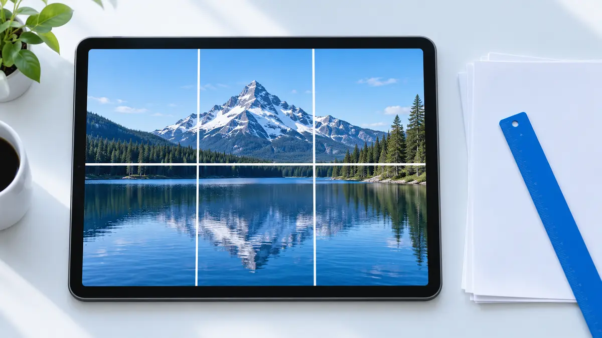 One continuous mountain-lake image divided into a three-by-two page grid on a tablet